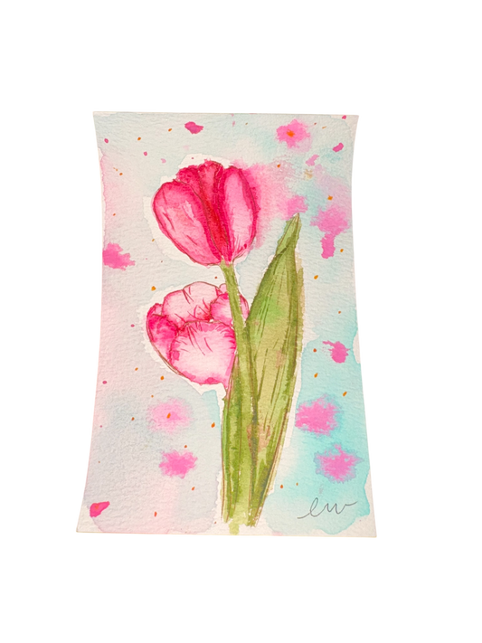 Pink Tulip Study – Original Watercolor Artist Card (3” x 5”)