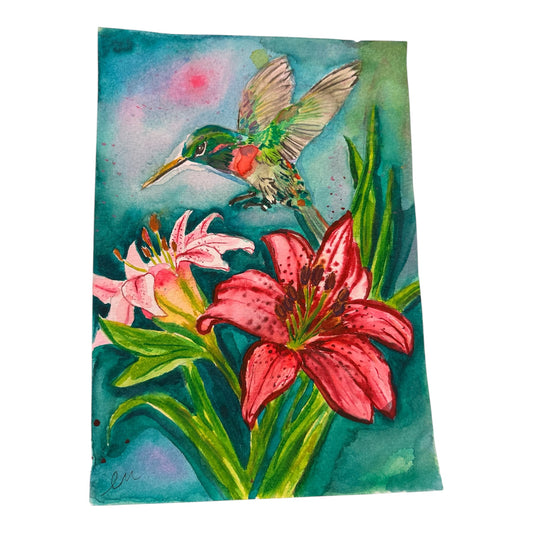 Crimson Lily Visitor – Original Hummingbird Watercolor